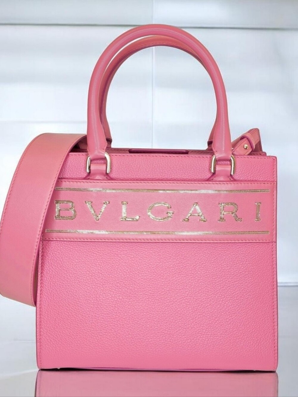 Bvlgari Logo Small Leather Logo Chain Bag Pink Crossbody Bag